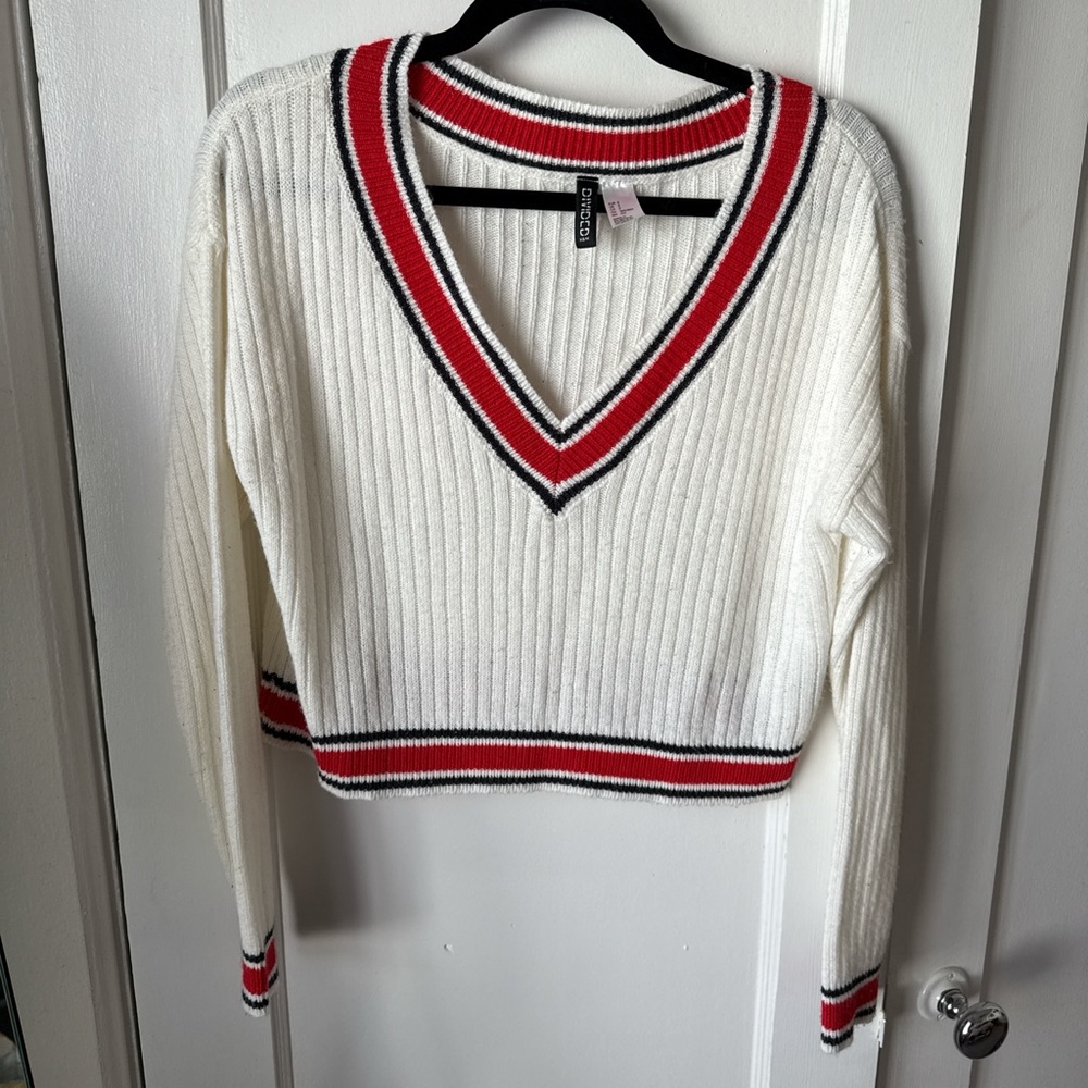 Divided White V-Neck Sweater with Red and Black Stripes